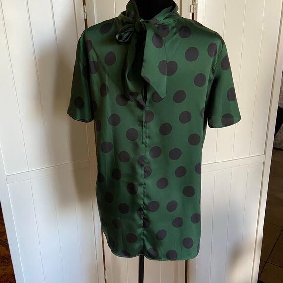 Zara Womens Blouse Size Medium Silky Polka‎ Dot Bow Necktie Green Black NEW - Picture 7 of 9